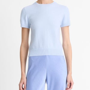 [빈스 여성] 블루 울캐시미어혼방 라운드넥 반팔니트 VCSW5E015B1