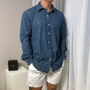 폴로 랄프로렌 남성 샴브레이 클래식핏 데님 셔츠 진청 연청