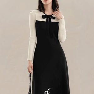 [페미닌무드/좋은촉감]모어브 배색 니트 원피스