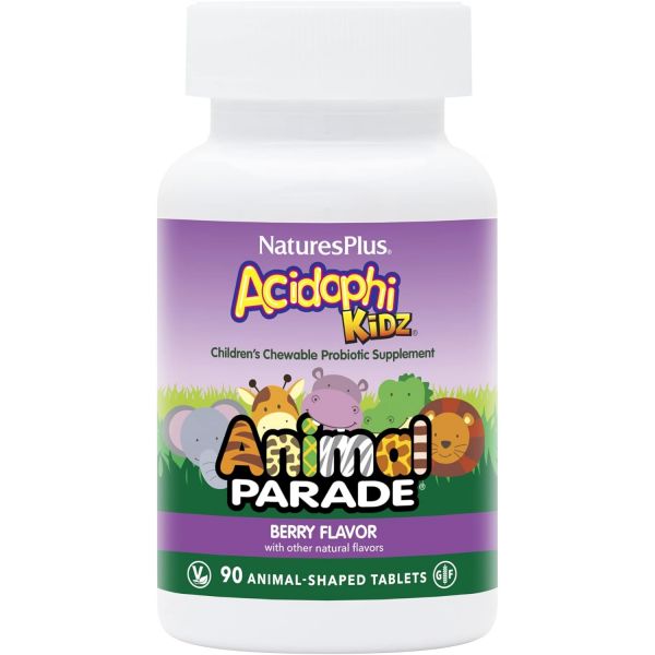 Nature’s Plus <b>NaturesPlus</b> Animal Parade AcidophiKidz 베리 맛 - 90 츄어블 동물 모양 정제 프로바이오틱스 FOS 및 포도씨 함유  1개