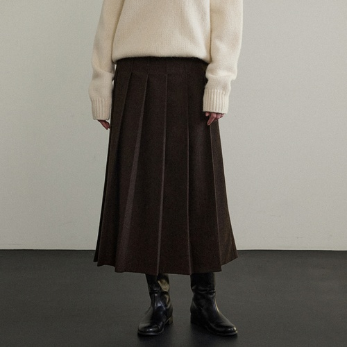 [체] Senne Wool Pleats Skirt - Dark Brown