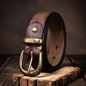 남녀공용 빈티지 스타일 정품 가죽 벨트 – 클래식 브라운 디자인과 골든톤 버클, 청바지, 캐주얼웨어, 파티, 비즈니스에 완벽 – 내구성 있는 탑 그레인 소가죽, 캐주얼웨어 액세서리