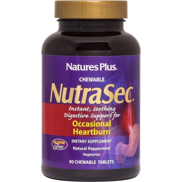 내이처스플러스 NaturesPlus Nutrasec 츄어블 정제 90정 페퍼민트 향 간헐적인 <b>속</b> 쓰림 즉각적이고 진정 효과가 있는 소화 90회분  1개
