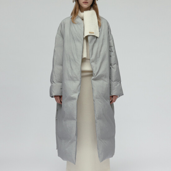 케리에르 Goose Down Collarless Belted Long Coat - Grey