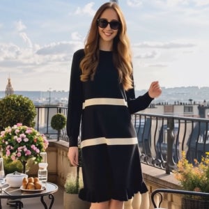 행복한 레이디 블랙 스트라이프 배색 프릴미니 니트 원피스[라운드 긴팔 짧은 부드러운 봄 가을 겨울 고급 명품 원단 보세 데일리룩 여행룩 편한 브랜드 러블리 디자이너 날씬해보이는]