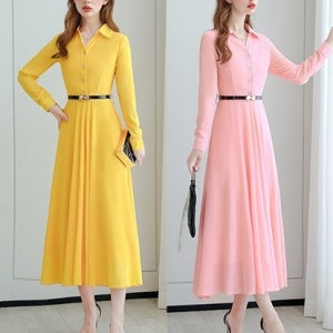 슬림라인 롱슬리브 쉬폰 벨트 원피스(2color) 경성의상 교복 학생복