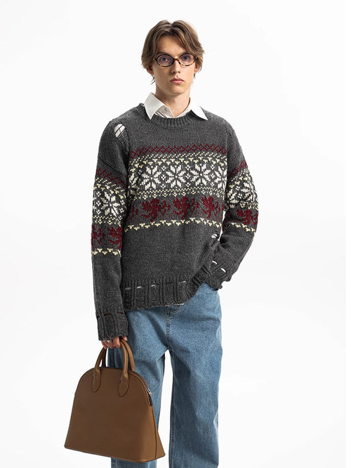 UNVESNO Fair Isle Distressed Knit Sweater