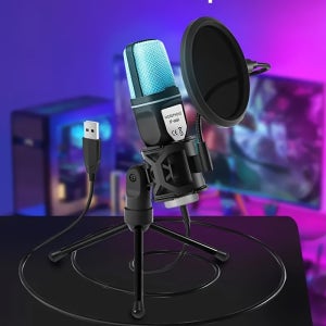 게임용 마이크, USB PC 마이크, 팟캐스트 동영상 및 스트리밍 미디어용, 빠른 음소거 기능 콘덴서 마이크, 삼각대, 스프레이 후드, RGB 표시등, 충격 흡수 장치, 회전식