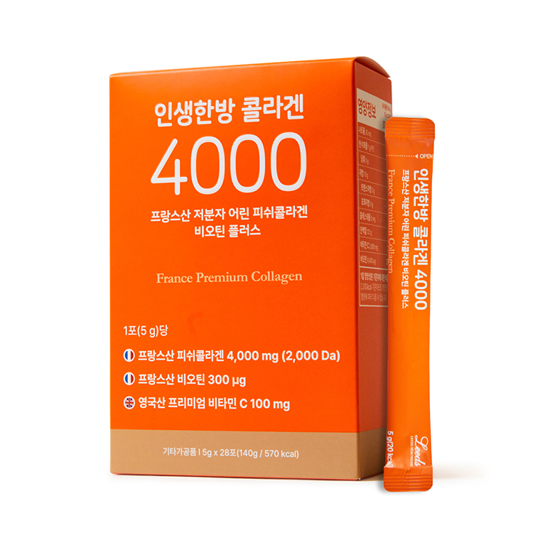 인생한방 <b>콜라겐</b> 4000 프랑스산 저분자 <b>어린 피쉬 콜라겐</b> 비오틴 <b>플러스</b> 5g x 28포, 1개