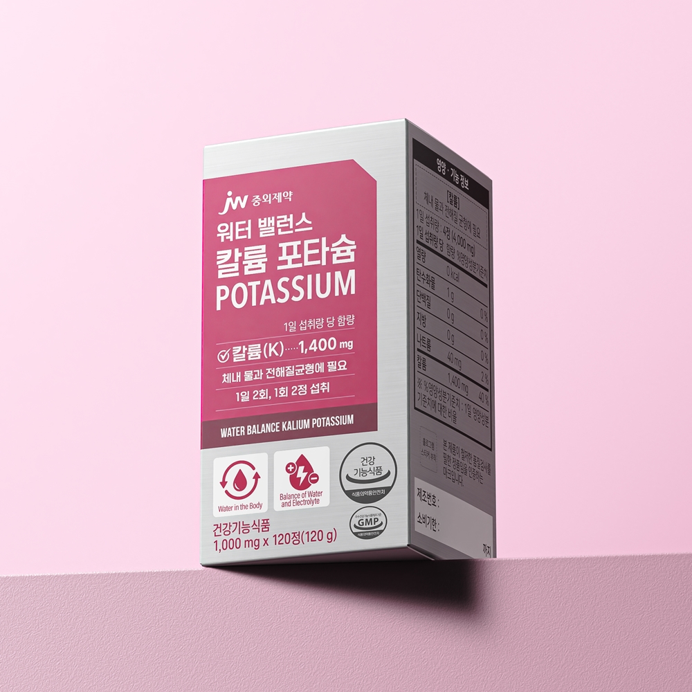 JW중외제약 워터 밸런스 <b>칼륨</b> 포타슘 POTASSIUM 1000mg x 120정, 1개