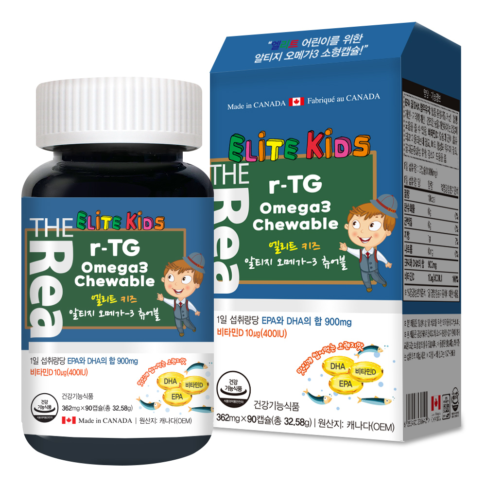 <b>더리얼</b> 엘리트 키즈 알티지 <b>오메가3</b> 츄어블 362mg x 90캡슐, 6개