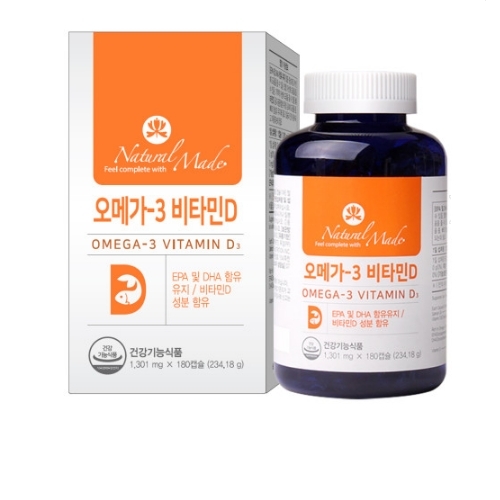 네츄럴<b>메이드</b> 오메가3 비타민D 1301mg x 180캡슐, 1개