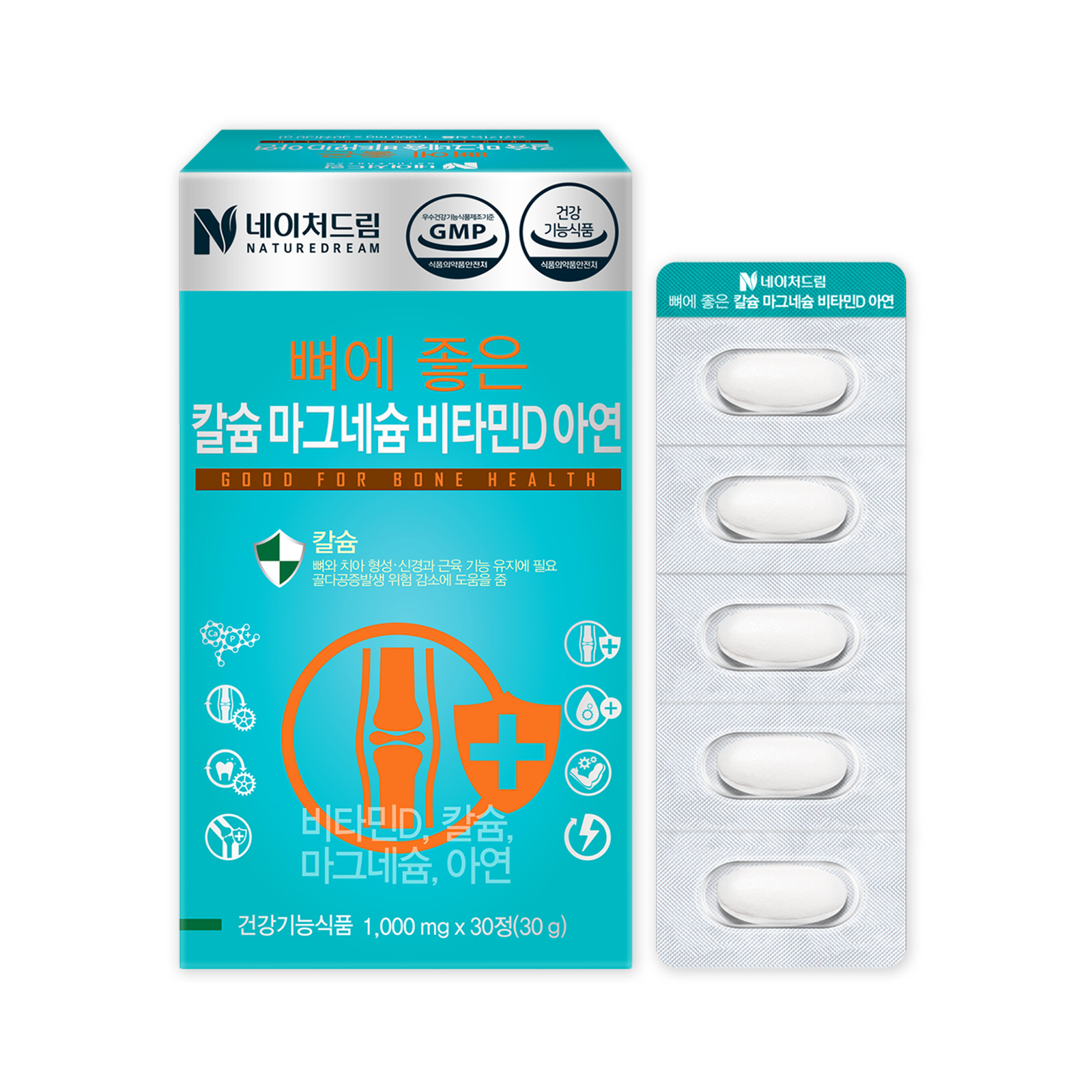 <b>네이처드림</b> 뼈에 좋은 칼슘 마그네슘 비타민D <b>아연</b> 1000mg x 30정, 6개