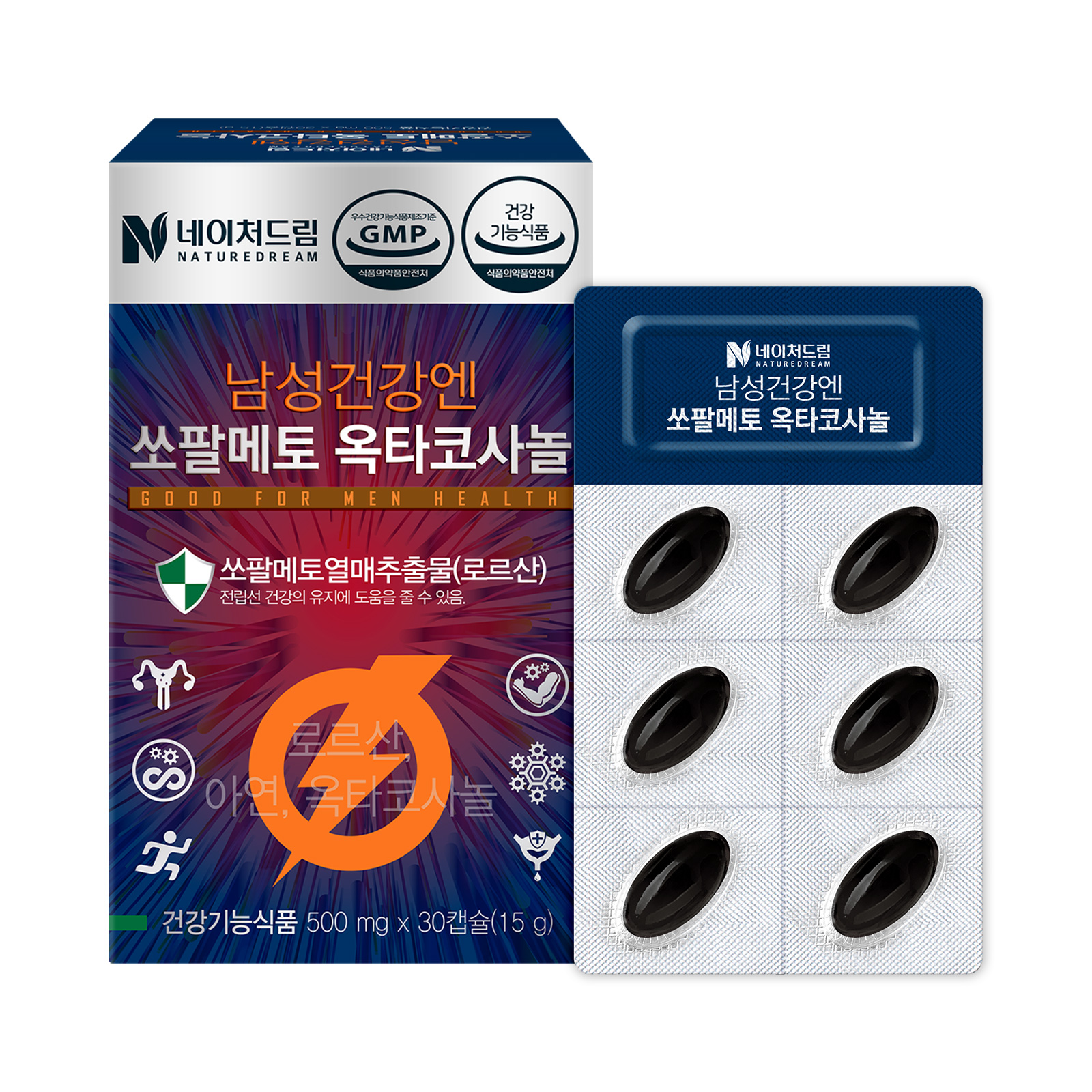 <b>네이처드림</b> 남성건강엔 쏘팔메토 옥타코사놀 500mg x 30캡슐, 1개