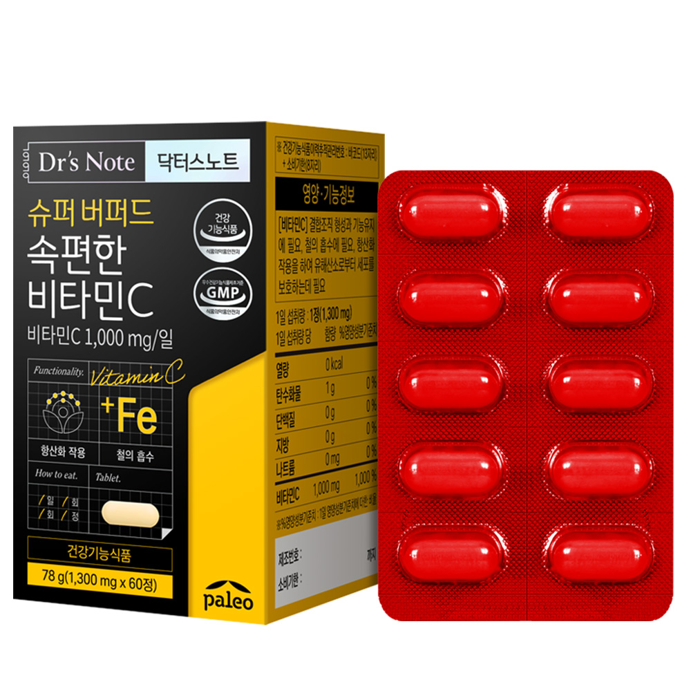 팔레오 닥터스노트 슈퍼 <b>버퍼드</b> 속편한 <b>비타민C</b> 1300mg x 60정, 3개