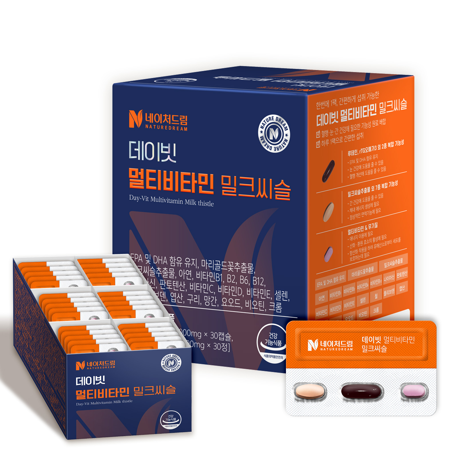 네이처드림 데이빗 멀티<b>비타민</b> 밀크씨슬 (캡슐 1000mg + 정제 900mg + 정제 600mg）x 30개입, 2개