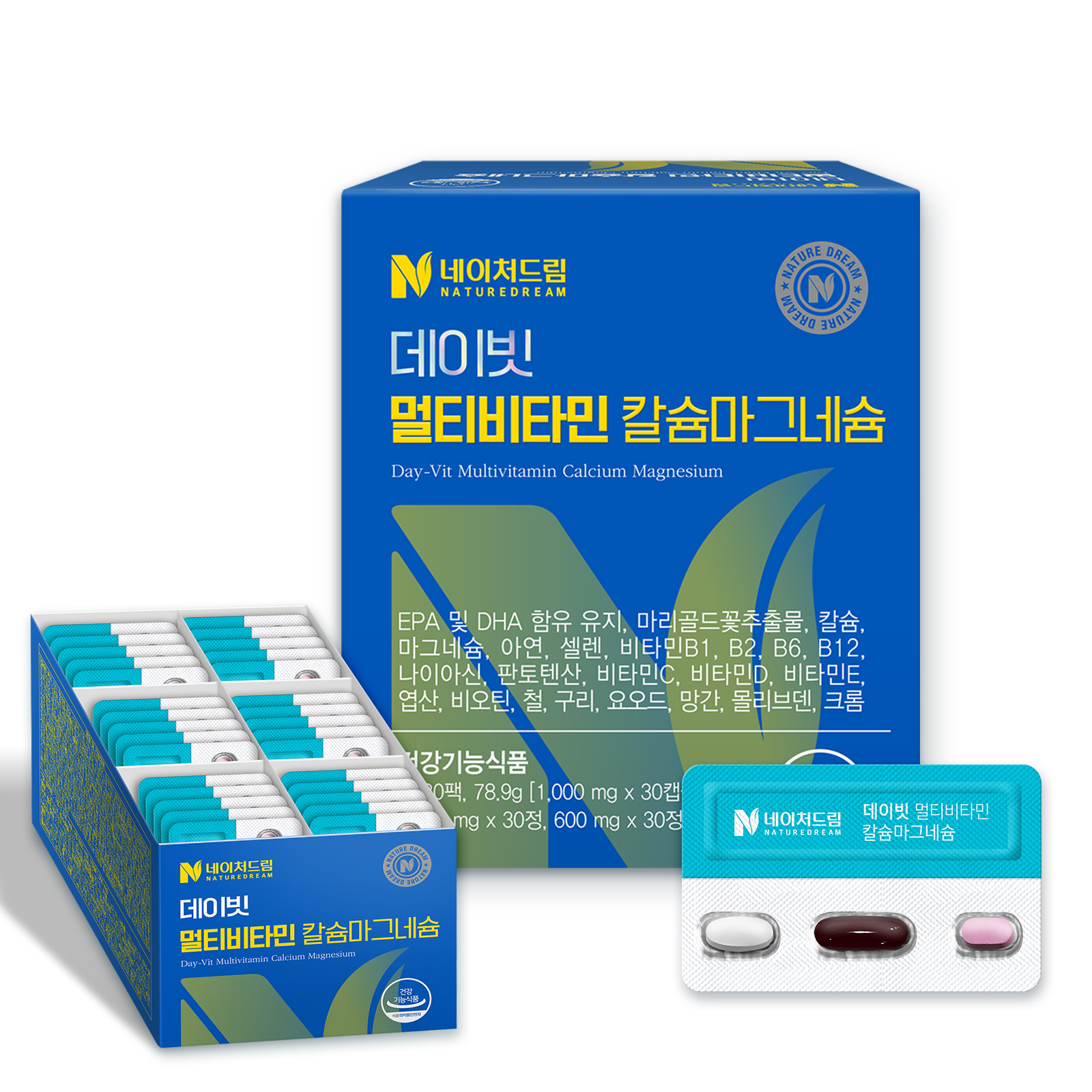 <b>네이처드림</b> 데이빗 멀티비타민 칼슘마그네슘 (캡슐 1000mg + 정제 1030mg + 정제 600mg）x 30개입, 1개