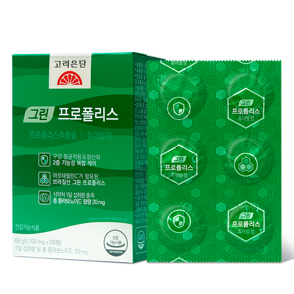 고려은단 그린 <b>프로폴리스</b> 츄어블 정 1100mg x 60정, 3개