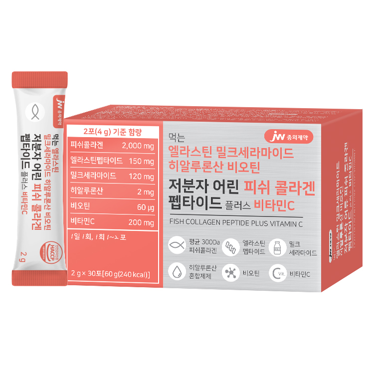<b>JW중외제약</b> 먹는 엘라스틴 밀크세라마이드 히알루론산 비오틴 저분자 어린 <b>피쉬 콜라겐</b> 펩타이드 플러스 비타민C 2g x 30포, 5개