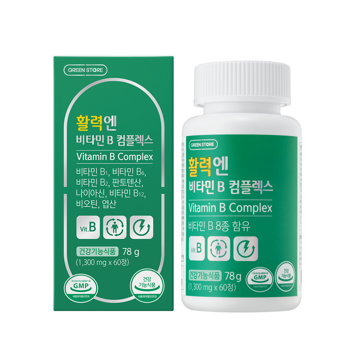 <b>그린스토어</b> 활력엔 <b>비타민</b>B 컴플렉스 1300mg x 60정, 1개