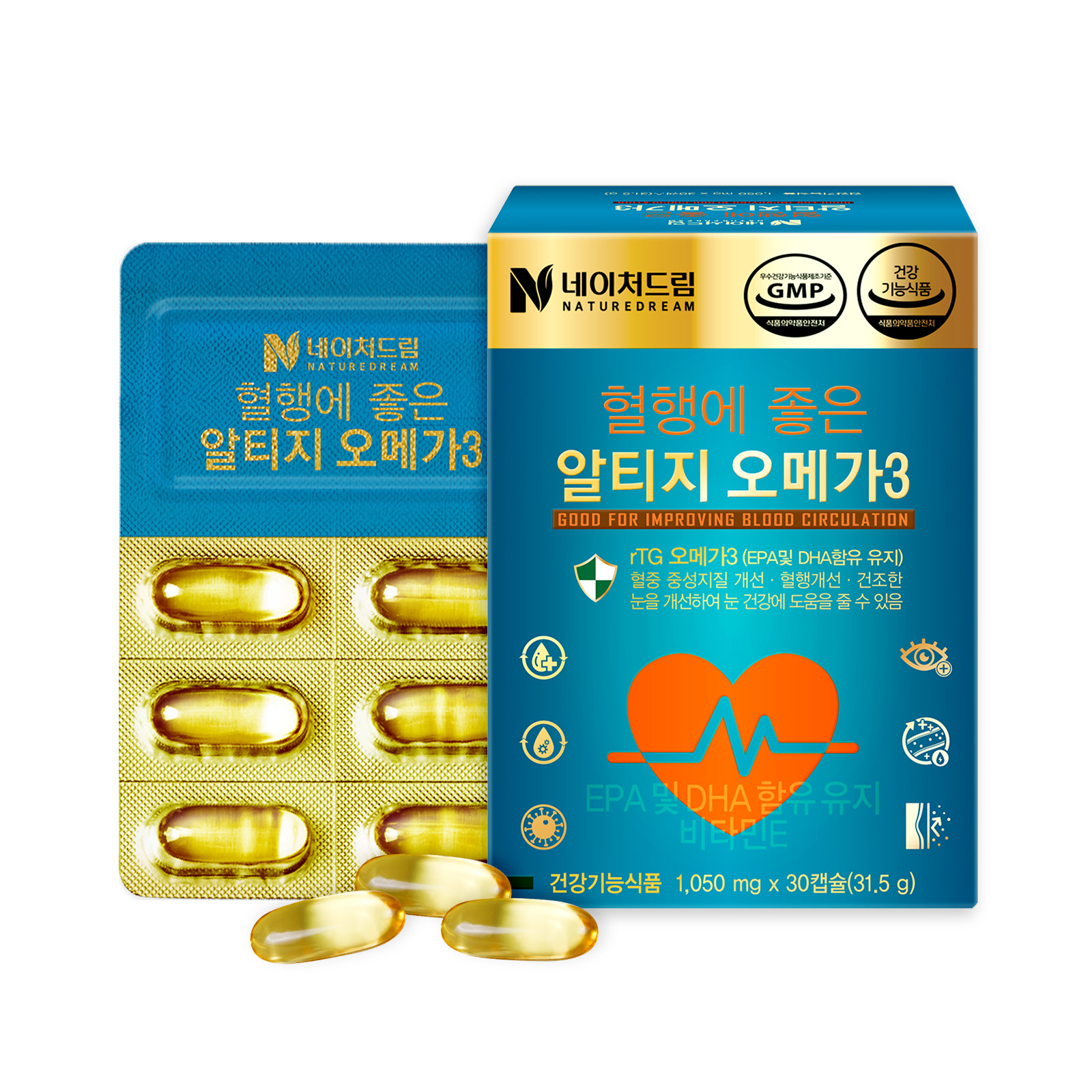 네이처<b>드림</b> 혈행에 좋은 <b>알티</b>지 오메가3 1050mg x 30캡슐, 6개
