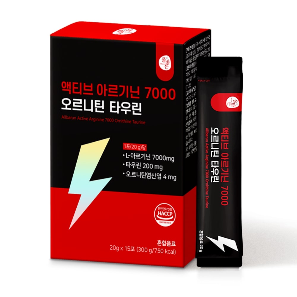 ALLBARUN 올바른 액티브 <b>아르기닌</b> 7000 오르니틴 타우린 20g x 15포, 3개