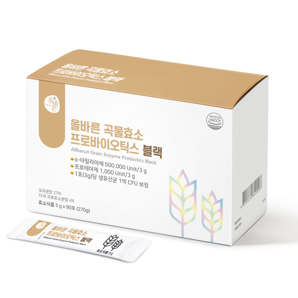 ALLBARUN 곡물<b>효소</b> 프로바이오틱스 블랙 3g x 90포, 2개
