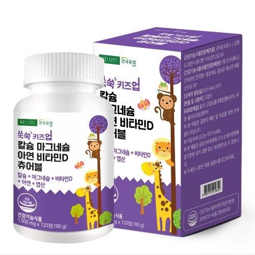 <b>건국유업</b> 쑥쑥 키즈업 칼슘 마그네슘 <b>아연</b> 비타민D 츄어블 1500mg x 120캡슐, 1개