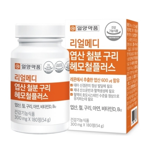 <b>일양약품</b> 리얼메디 엽산 철분 <b>구리</b> 헤모철 플러스 300mg x 180정, 1개