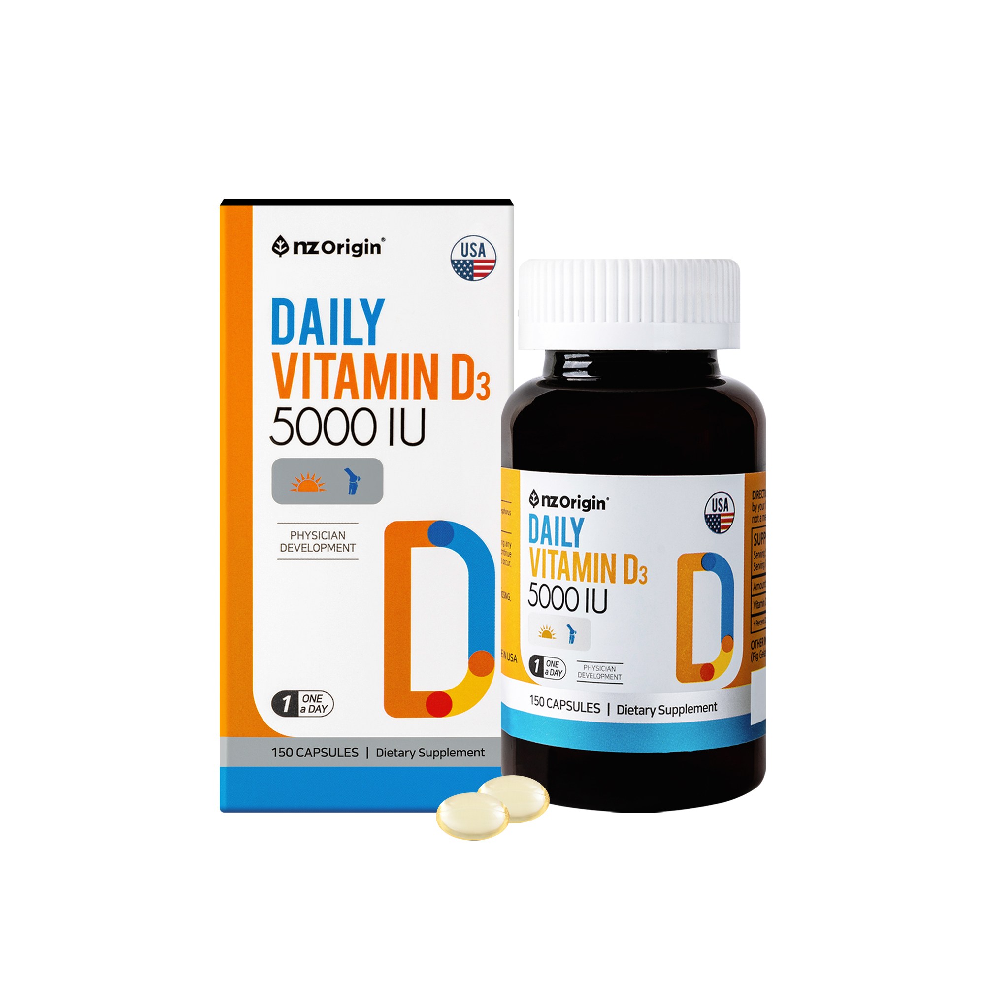 엔젯오리진 데일리 <b>비타민D</b>3 5000IU 150mg x 150캡슐, 2개