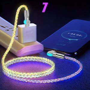 60W 고속 충전 데이터 케이블 듀얼 포트 회전 가능 조절 가능한 루미너스 RGB 라이트 그라데이션 컬러 고속 충전 브레이드 데이터 케이블 C to C 충전기 케이블 아이폰15