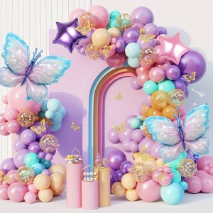 157개 매혹적인 파란 나비 풍선 세트와 컬링 리본 - 결혼식, 약혼식, 생일 파티 및 테마 축하 행사에 이상적, 타원형 호일 풍선 및 별 모양 장식 포함, 전기 필요 없음,