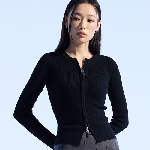 [모아] Dual Zip Ribbed knit Top (BLACK)