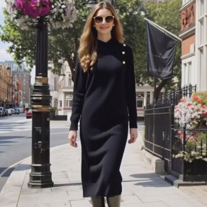 블랙 타임 골드 포인트 하프 터틀넥 겉 기모롱 니트 원피스[겨울 본딩 면 반 목 폴라 방한 따뜻한 긴팔 스판 부드러운 고급 명품 원단 보세 데일리룩 여행룩 편한 브랜드 러블리 디자