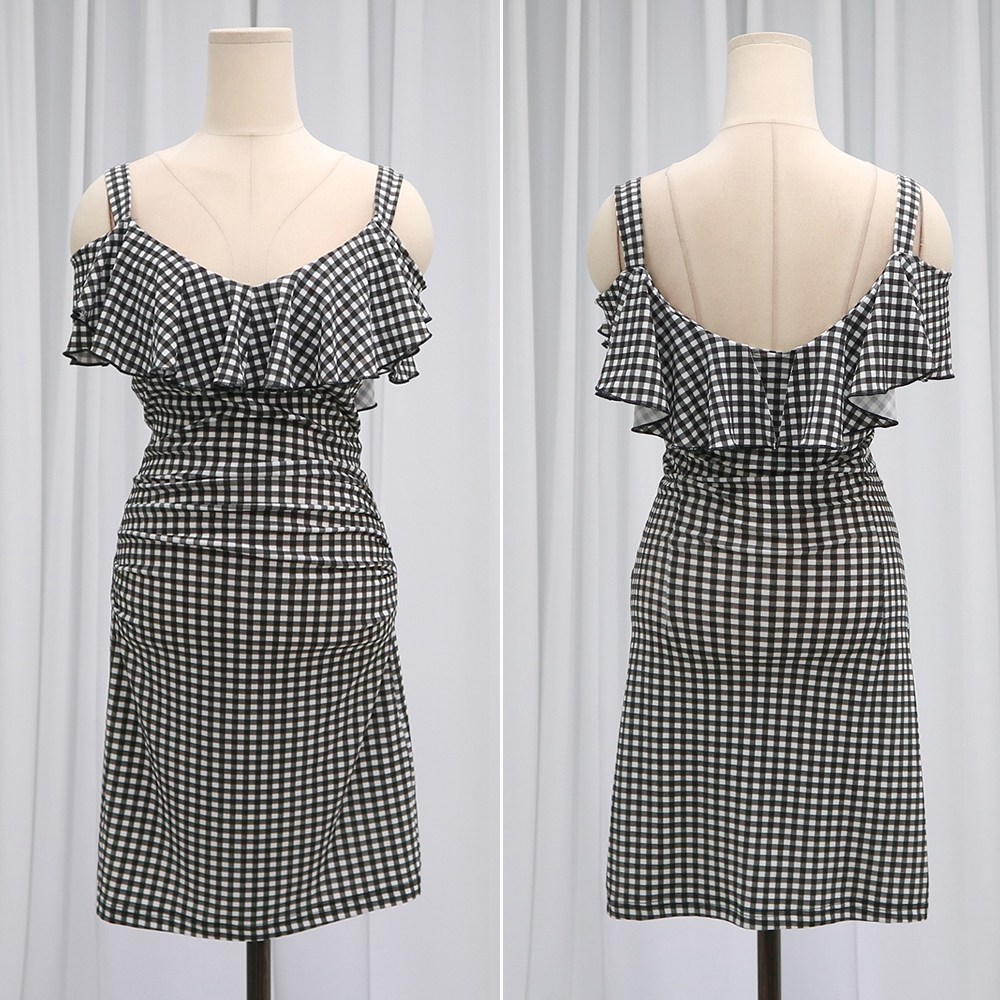 2441-체크숄더 바캉스 여름 썸머 하객원피스 스판 스타일 88 맞춤 반품 교환불가