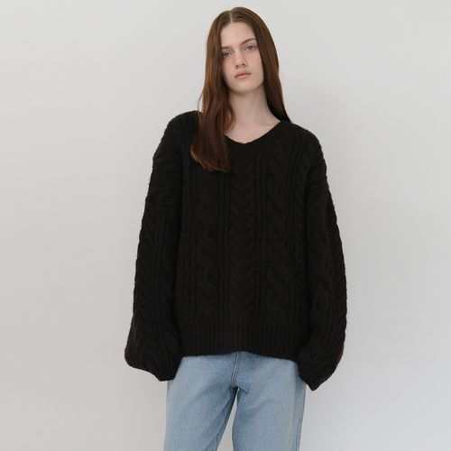 [댄크디어] Wool overfit Vneck cable knit - Black