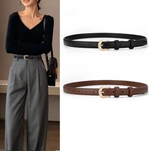 SweetieHobby 여성 소가죽 벨트 2종 세트 패션 허리띠 허리벨트 가죽 브라운 블랙 로즈골드 라운드 버클