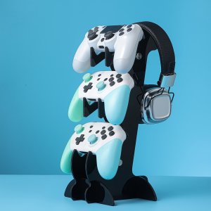게임 컨트롤러 & 헤드폰 스탠드 - PS5, PS4, Xbox, 스위치 컨트롤러용 슬림 블랙 아크릴 3단 거치대, 틸 액센트 - 게이머를 위한 튼튼한 정리대