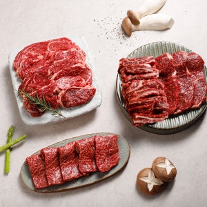 부위별로 맛보는 1 1+등급 한우 모둠구이(등심 갈비 채끝 살치) 800g