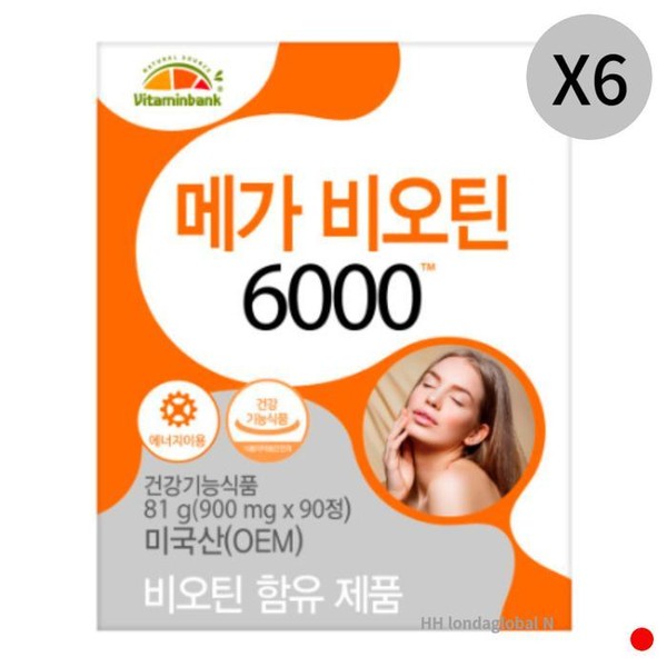 [기타] <b>비타민뱅크</b> 메가 비오틴 6000 활력 <b>에너지</b> 90정 X6