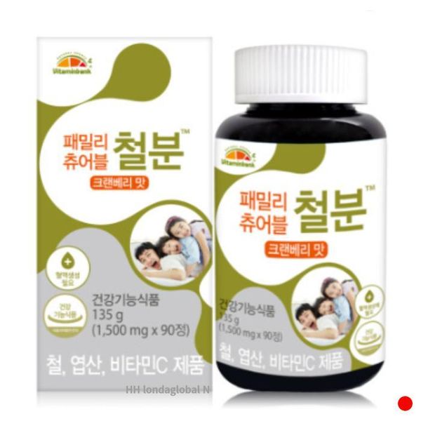 [기타] <b>비타민뱅크</b> 패밀리 츄어블 철분 <b>엽산</b> 크랜베리맛 90정