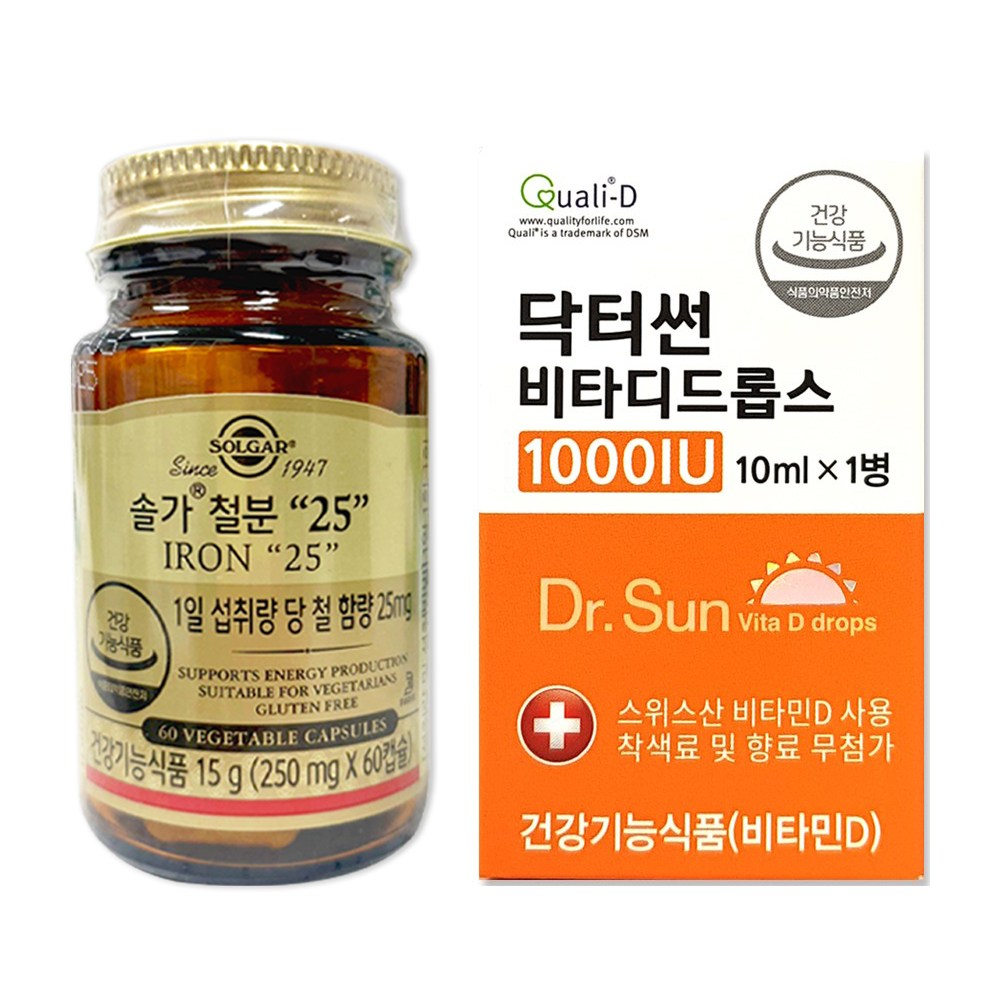 솔가 철분 25 (60정) + <b>닥터썬</b> 비타디드롭스 1000IU / 임산부 임신 비타민D 아기 유아 키즈 영양제  1개  60정