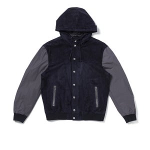 엠메티 Ruben Goatskin Suede X Nylon Hooded Varsity Jacket [Night Blue]