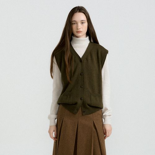 [아쎄르] V-Neck Button Vest (Khaki)