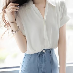 우아한 단색 화이트 칼라 반팔 블라우스 - 100% 폴리에스테르, 세탁기 및 드라이클리닝 가능, 시크한 주름 디테일 - 여름에 이상적