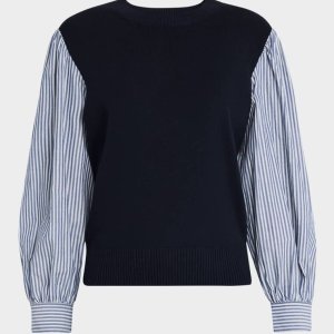 바네사브루노 믹스 블라우스 StripedSleeve Mixed Media Blouse prod276700188MARINE