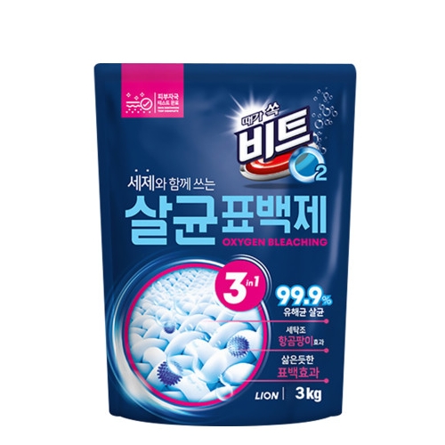 라이온코리아 <b>비트</b> O2 살균 표백제 3 in 1 리필 3kg, 4개