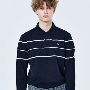 [헤지스 남성] 네이비 스트라이프 긴팔 카라 티셔츠 HZTS5A204N2