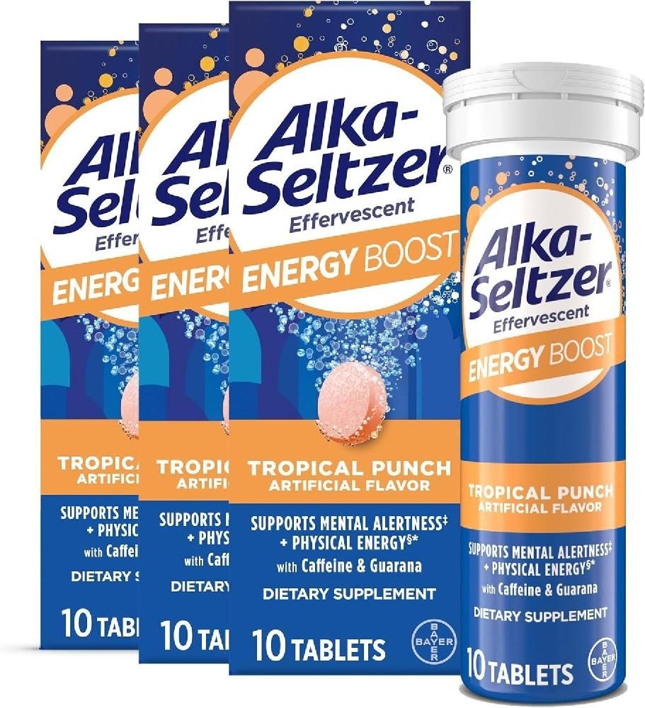 AlkaSeltzer 에너지 부스트  카페인 과라나 비타민 B군라이트 트로피컬 펀치 맛 30ct