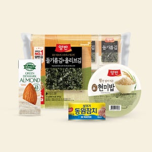 [무적세트] 동원 양반밥 현미 130g x 24입+양반김 16봉+그린덴마크 아몬드 190ml x 24팩+인워터 참치 100g x 10캔
